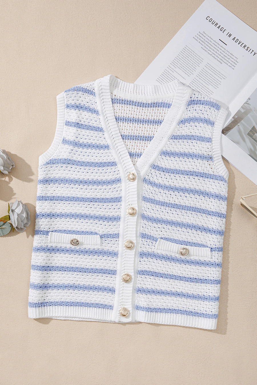 Striped V-Neck Button-Up Knit Vest- 2 Colors