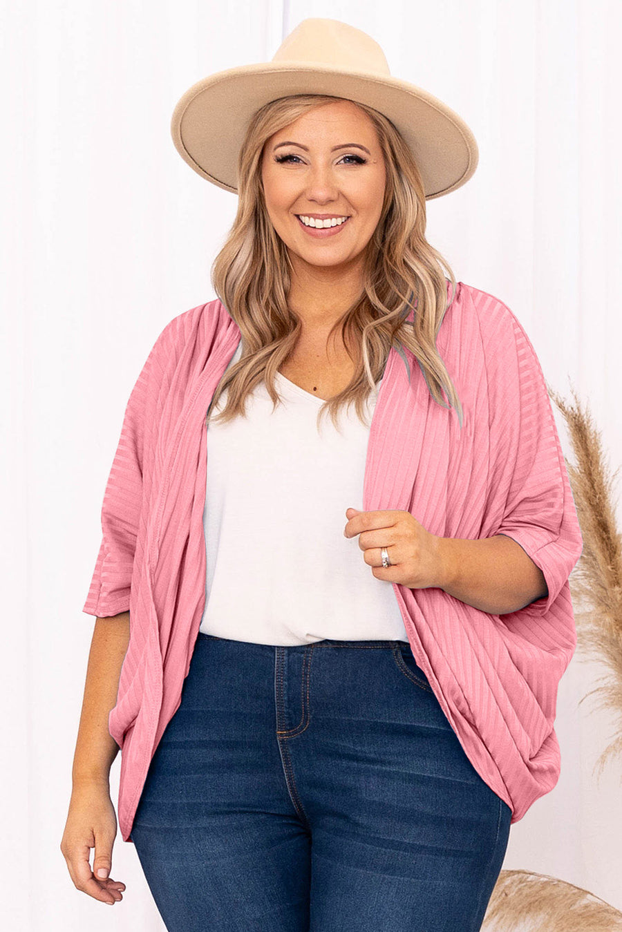 Plus Size Pink Shimmer Ribbed Texture Cardigan