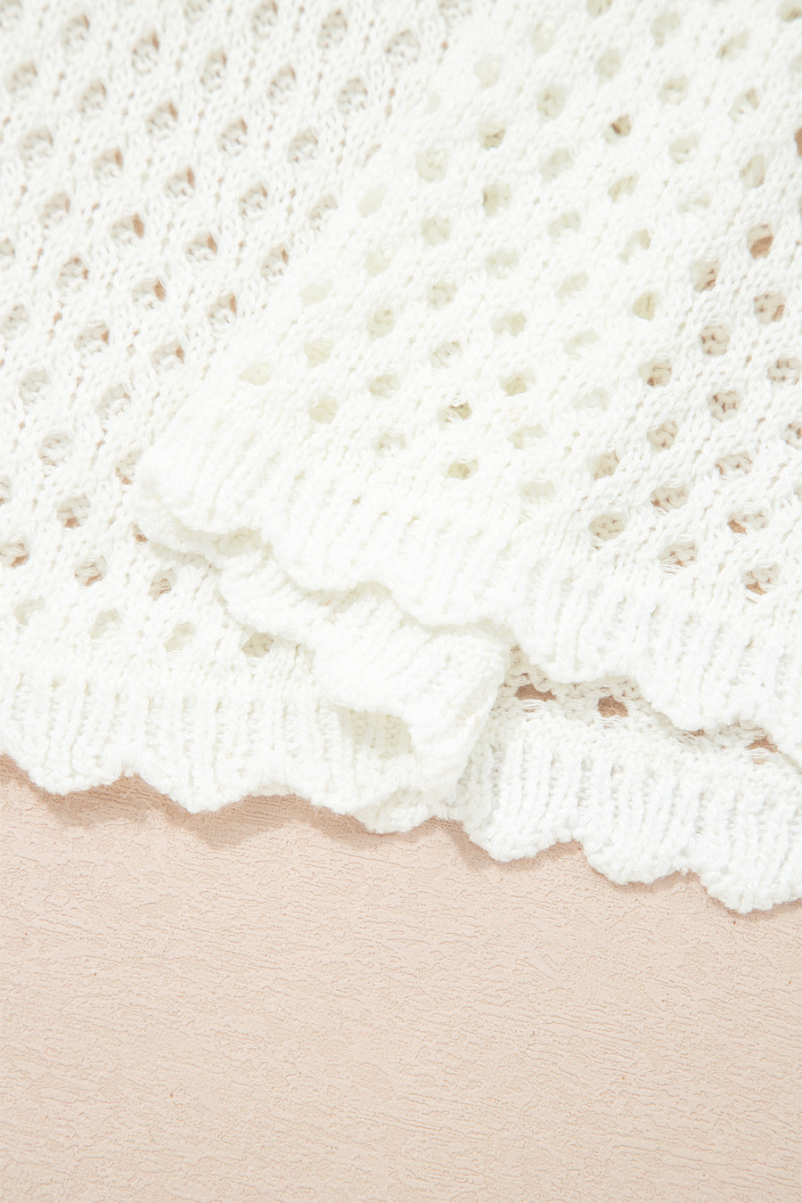 Yellow Cream Scalloped Trim Hollow Out Knit Long Sleeve Top