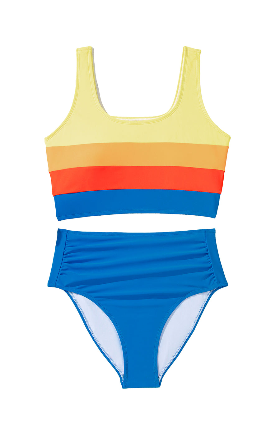 Color Block Pleated High-Waisted Tankini
