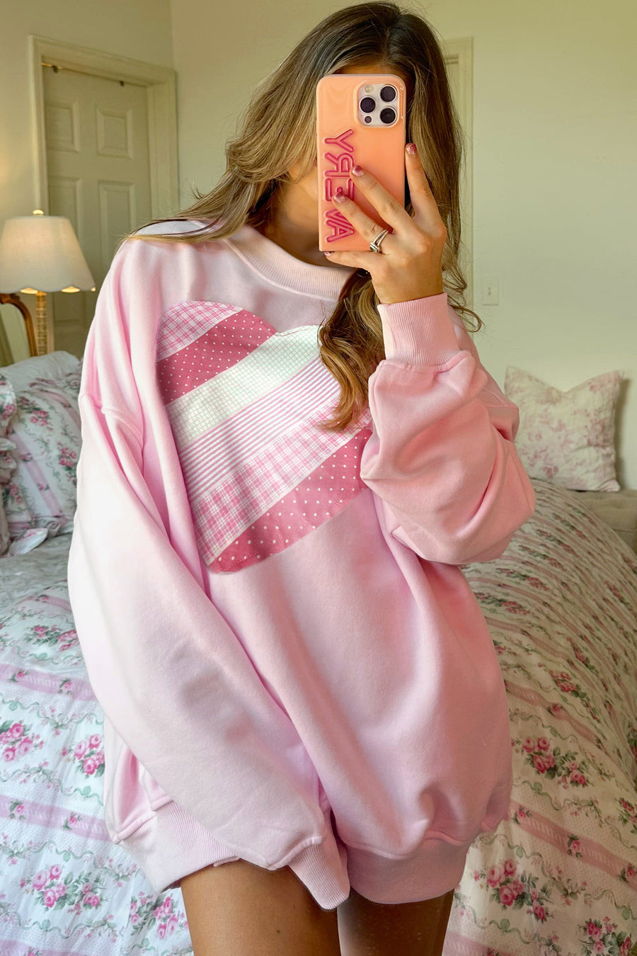Light Pink Heart Quilt Patch Oversized Sweatshirt