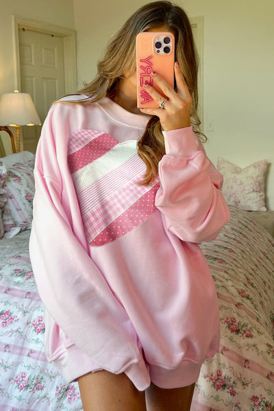 Light Pink Heart Quilt Patchwork Oversized Sweatshirt