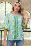 Rose Floral Print Ruffled Color Block Trim Half Sleeve Blouse