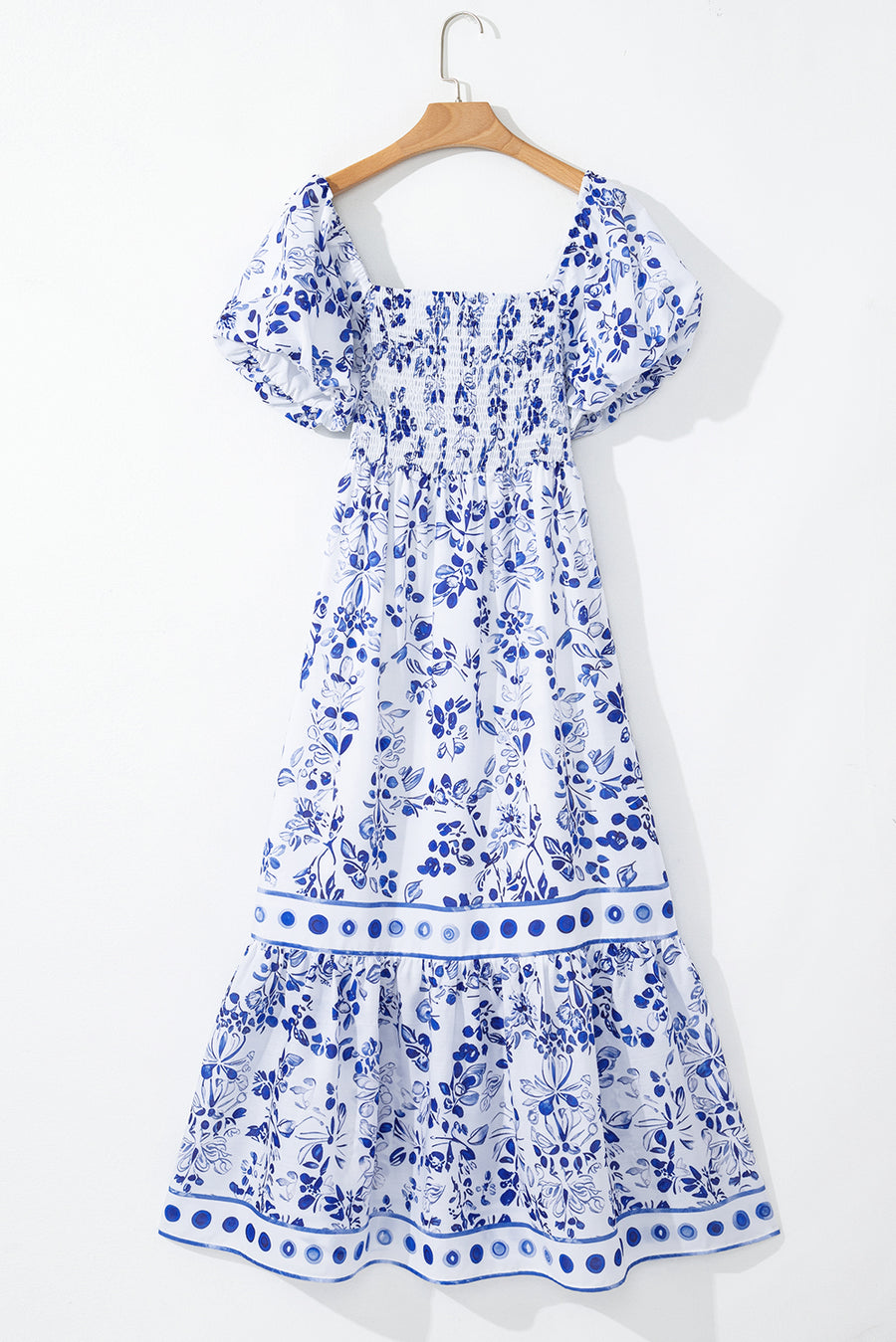Blue Multi Floral Print Square Neck Bubble Sleeve High Waist Maxi Dress