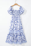 Blue Multi Floral Print Square Neck Bubble Sleeve High Waist Maxi Dress