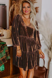 Chicory Coffee Velvet V-Neck Long Sleeve Tiered Mini Dress