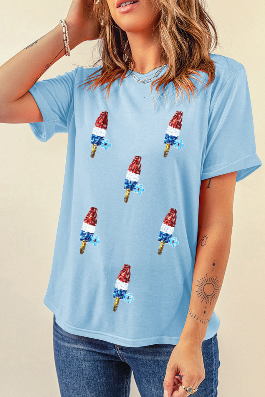 Light Blue American Sequin Popsicle and Flowers Graphic T-Shirt