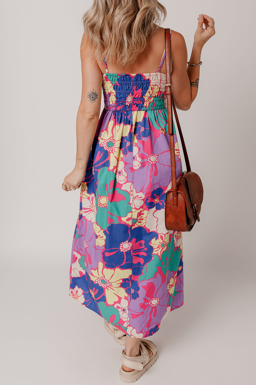 Multicolored Tropical Floral Print Shirred Spaghetti Strap Loose Maxi Dress