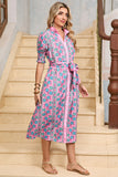 Pink Bohemian Floral Shirred Short Sleeve Belted Midi Dress