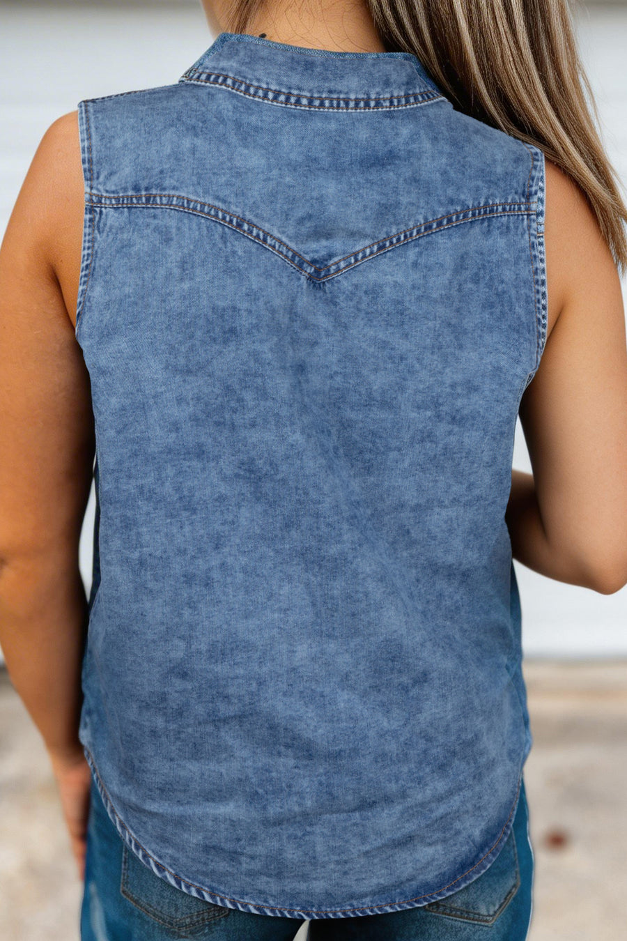 Dusk Blue Button-Up Collared Sleeveless Denim Shirt