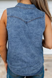 Dusk Blue Button-Up Collared Sleeveless Denim Shirt