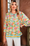 Green Floral Striped Trim Lantern Sleeve Tie Neck Blouse