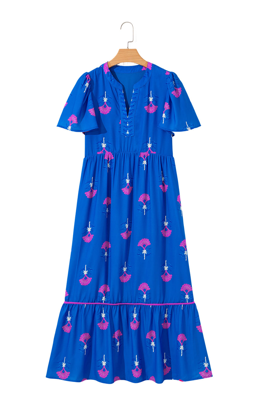 Blue Floral Print Notched Neck Flounce Sleeve Maxi Dress with Pockets- 2 Colors