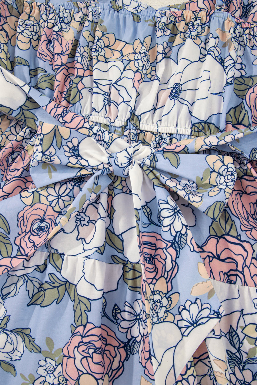 Sky Blue Floral Tiered Patchwork Spaghetti Strap Mini Dress
