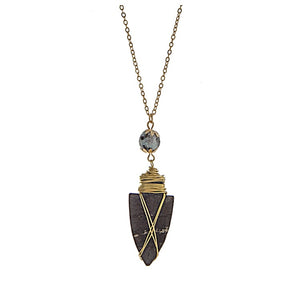 Gold Tone Bead & Wire-Wrapped Arrowhead Pendant Necklace- Amazonite