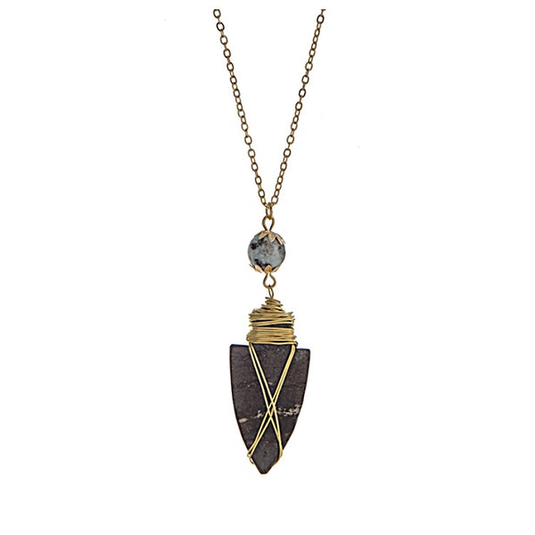 Gold Tone Bead & Wire-Wrapped Arrowhead Pendant Necklace- Amazonite