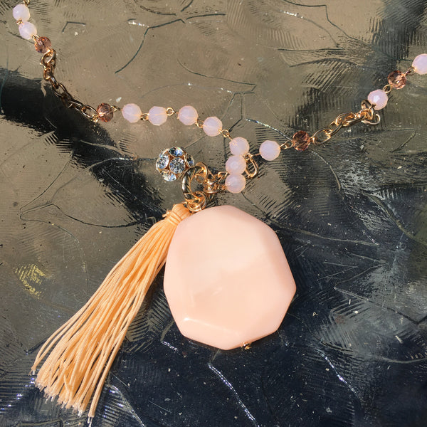 Gold Tone Beads, Stone, & Tassel Necklace Set- Peach