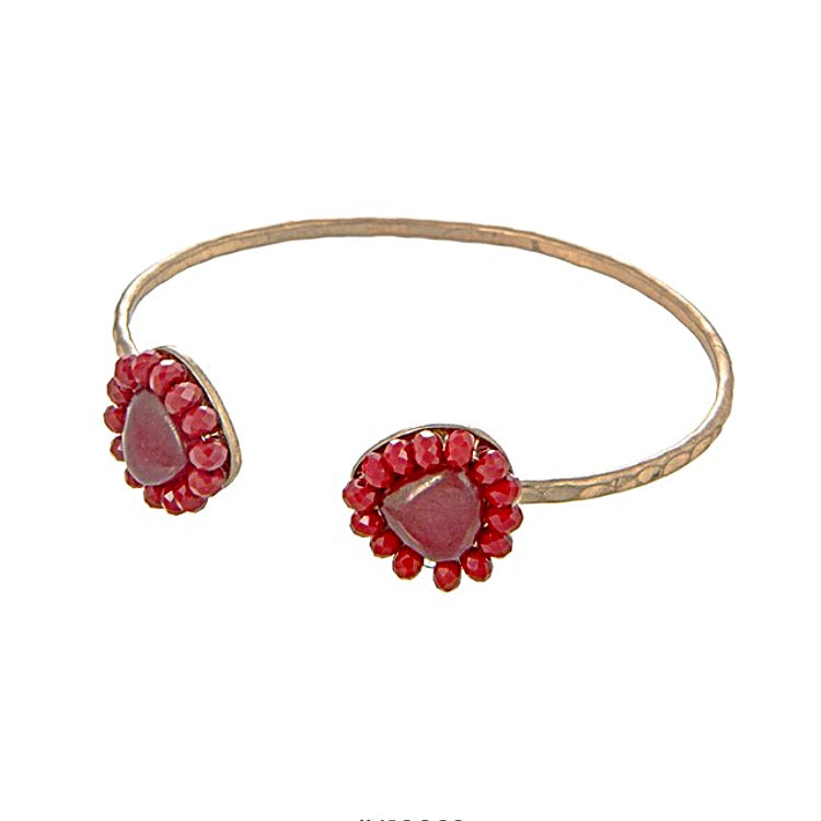 Worn Gold Teardrop Stone and Beads Cuff Bracelet- Burgundy