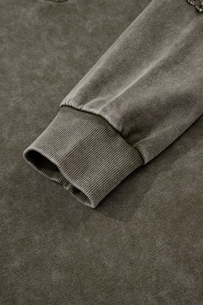 Rose Red Lace Applique Notched Neck Mineral Wash Baggy Sweatshirt