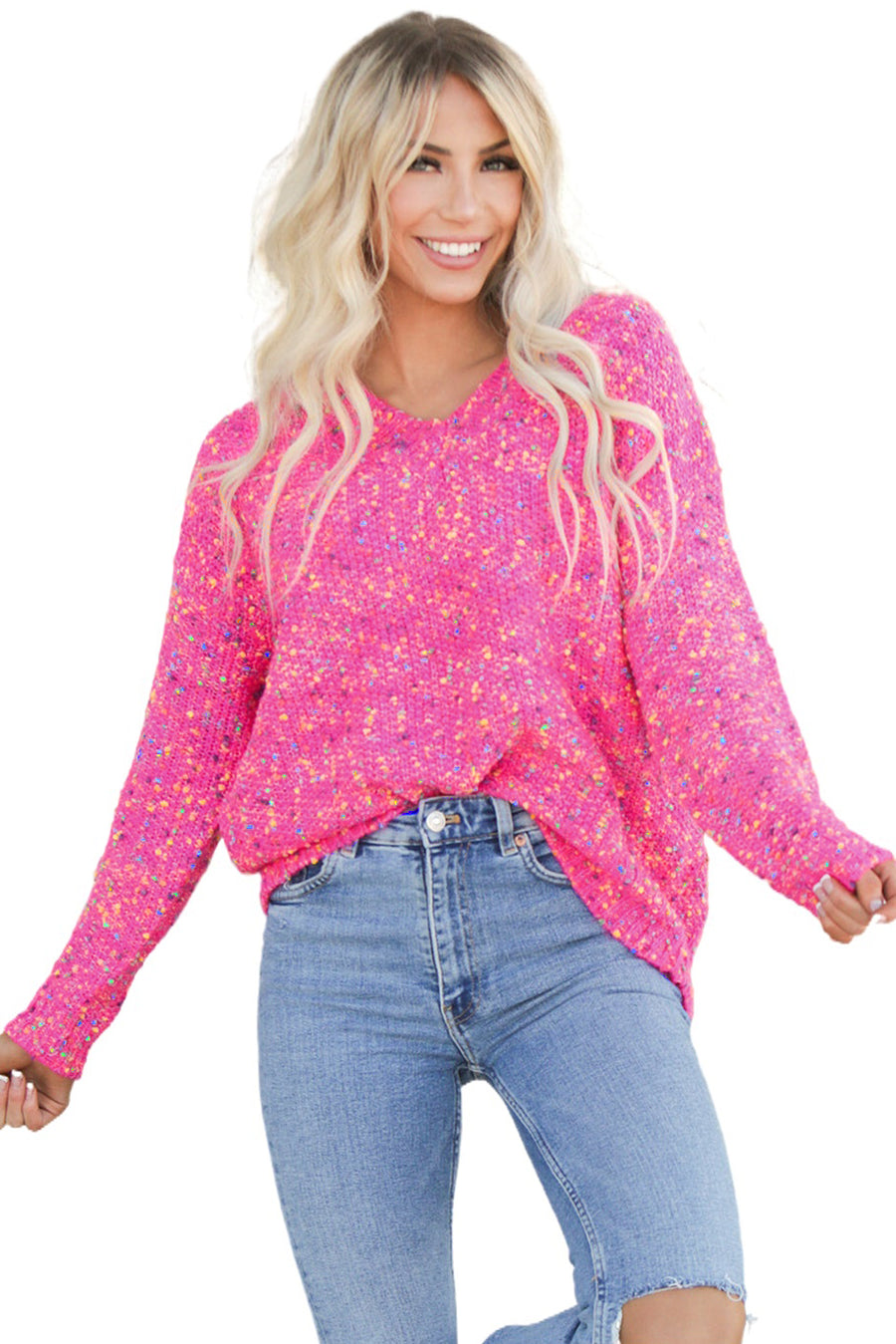 Hot Pink Multicolored Confetti Chunky Knit Sweater