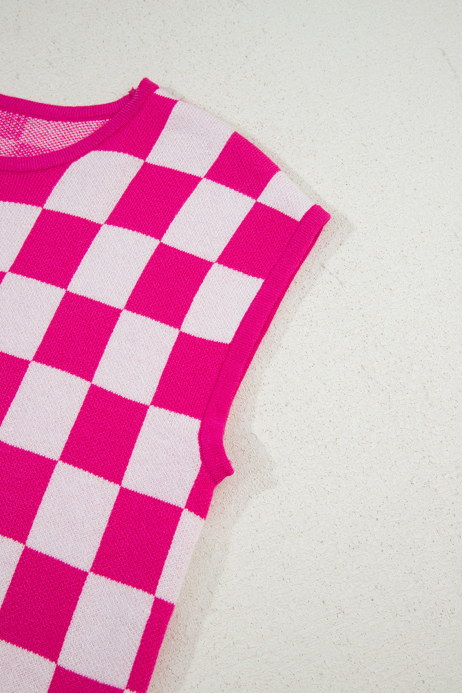 Fuchsia Checkered Pattern Cap Sleeve Knit Top