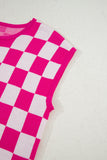 Fuchsia Checkered Pattern Cap Sleeve Knit Top