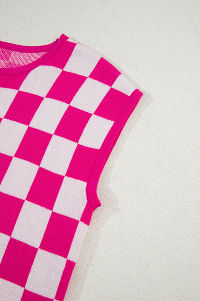 Fuchsia Checkered Pattern Cap Sleeve Knit Top