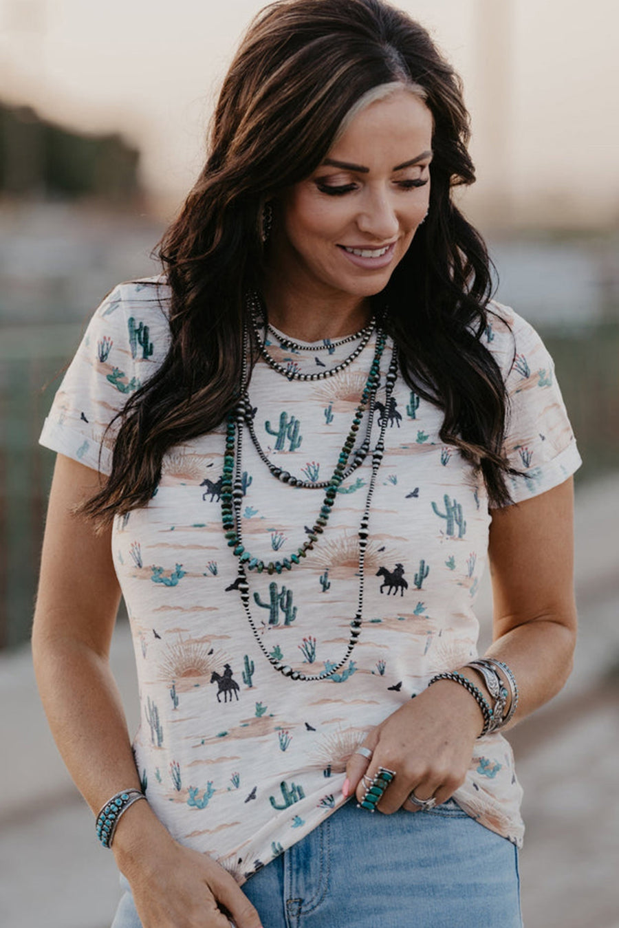 Beige Cactus Cowboy Crew Neck Short Sleeve Graphic T-Shirt