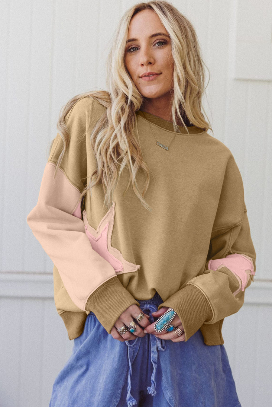 Star Patch Exposed Seam Uneven Hem Sweatshirt- 2 Colors