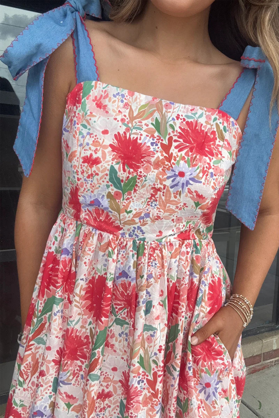 *Backorder* Floral Print Denim Straps High Waist Maxi Dress