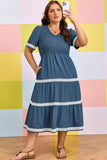 Plus Size Slate Blue V-Neck Swiss Dot Lace Detail Flared Midi Dress with Pockets