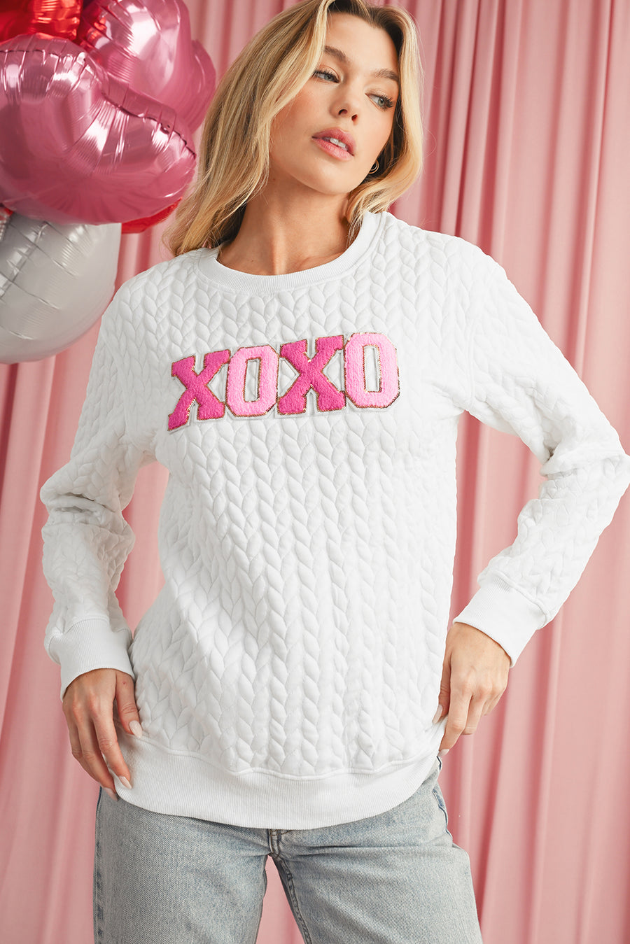 White Chenille Letter Patch Quilted Sweatshirt- 2 Styles