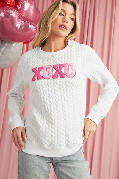White Chenille Letter Patch Quilted Sweatshirt- 2 Styles
