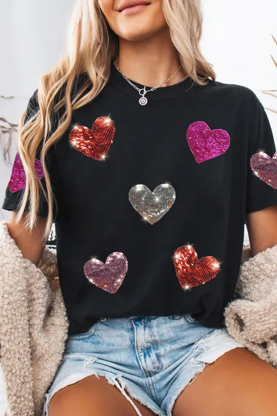 Black Sequin Hearts Pattern Crew Neck Graphic T-Shirt