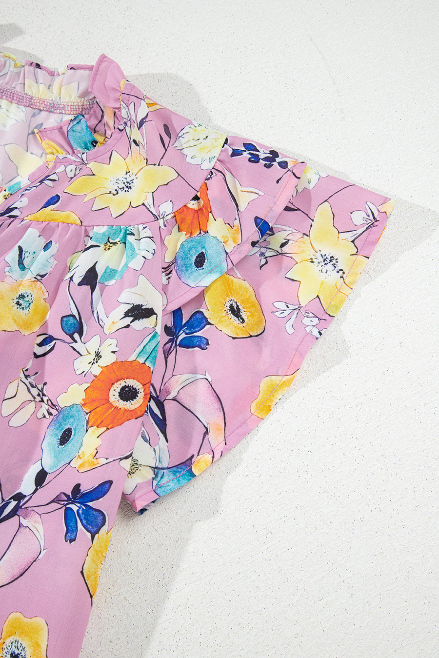 Pink Flutter Sleeve Frill V Neck Floral Top