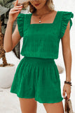 Textured Ruffle Blouse and Shirred High-Waist Shorts Set- 5 Colors