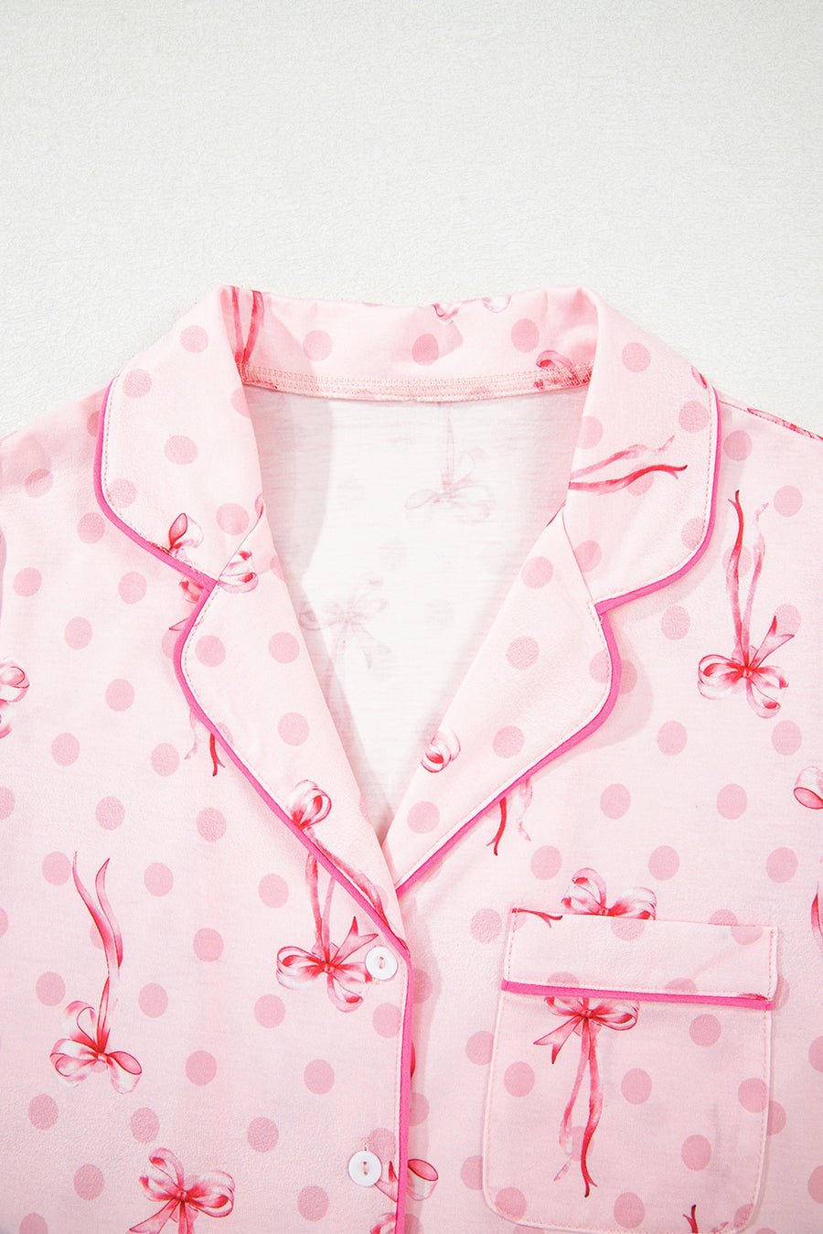 Bow Print Button-Up V-Neck Short Sleeve Top and Ruffle Hem Shorts Pajama Set- 2 Styles