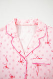 Bow Print Button-Up V-Neck Short Sleeve Top and Ruffle Hem Shorts Pajama Set- 2 Styles