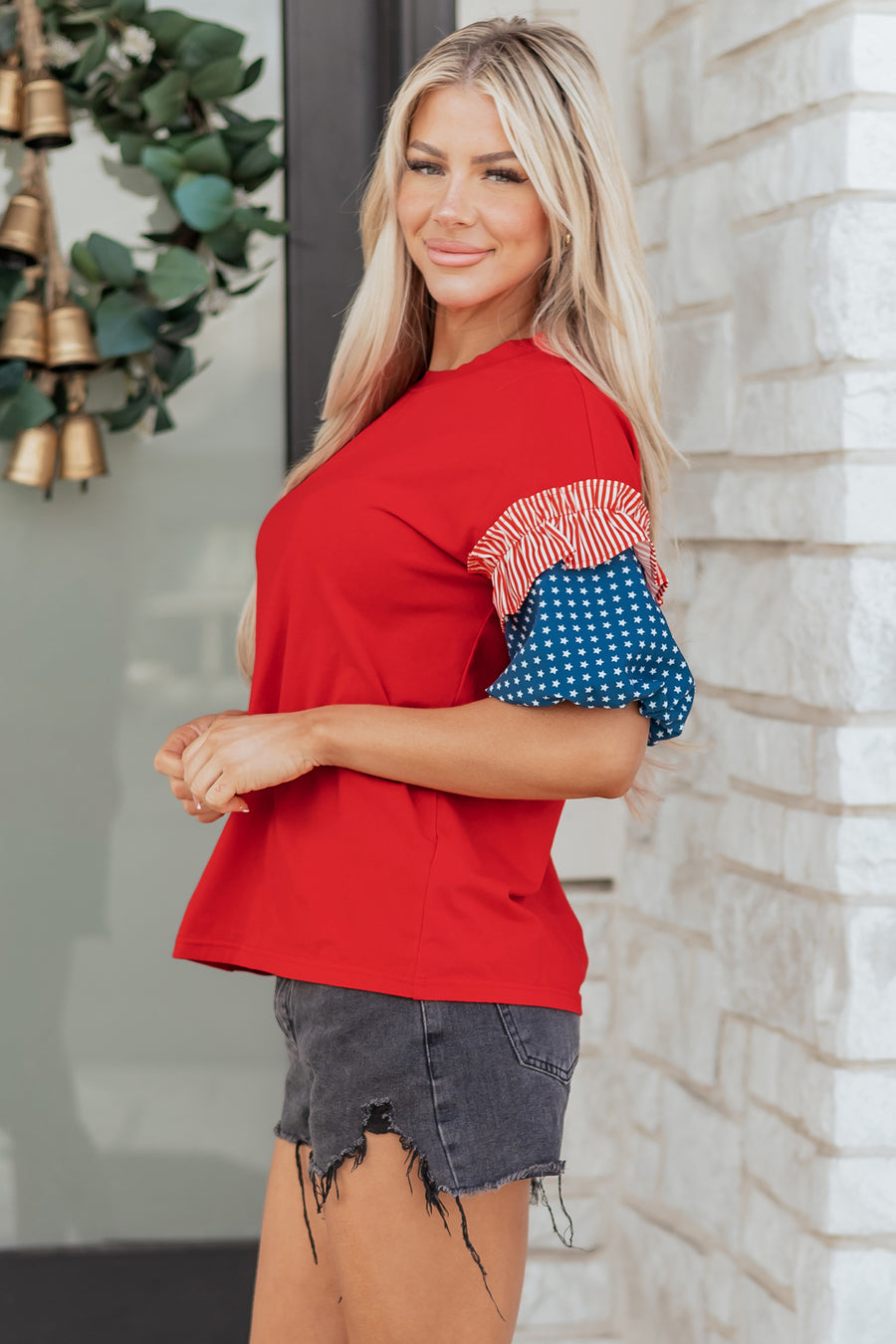 Stars and Stripes Contrast Puff Sleeve Top- 2 Colors