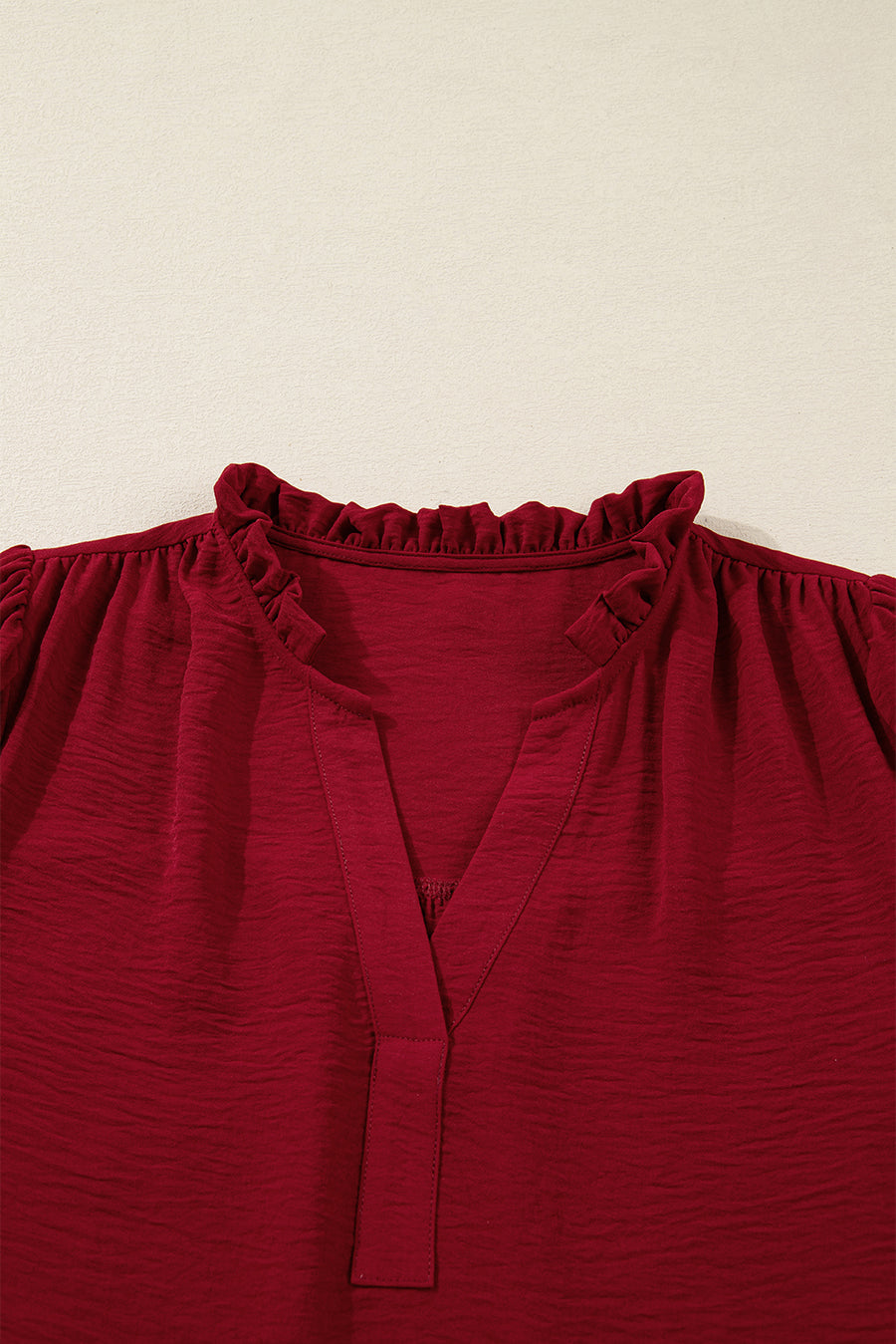 Burgundy Notched Neck Shirred Cuffs Long Sleeve Blouse
