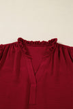 Burgundy Notched Neck Shirred Cuffs Long Sleeve Blouse