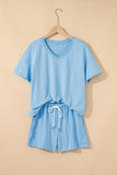 V-Neck Drop Shoulder T-Shirt and Patchwork Shorts Set- 3 Colors