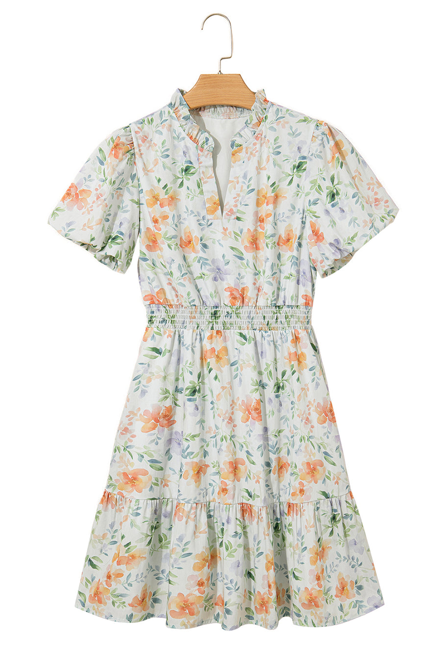 Orange Floral Print Smocked High Waist Puff Sleeve Mini Dress