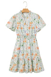 Orange Floral Print Smocked High Waist Puff Sleeve Mini Dress