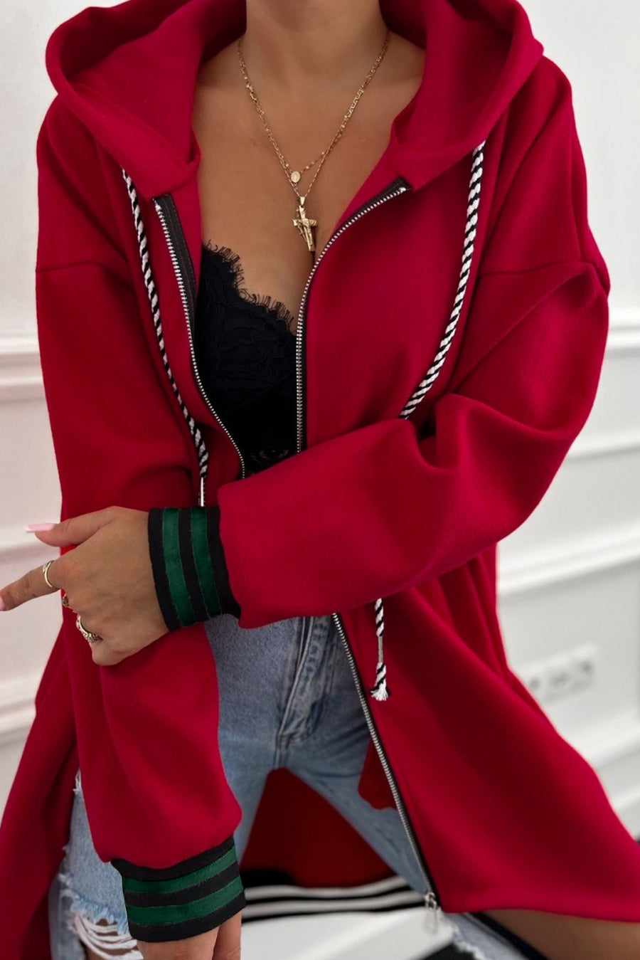 Contrast Cuff Drop Shoulder Zip-Up Tunic Hoodie- 3 Colors
