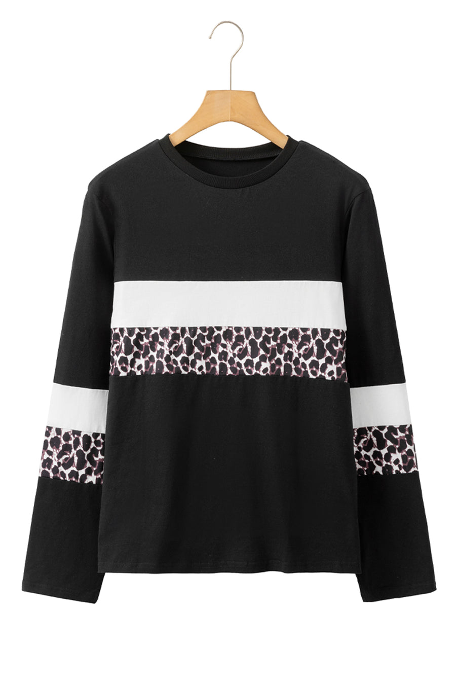 Leopard Print Color Block Patchwork Crew Neck Long Sleeve Top