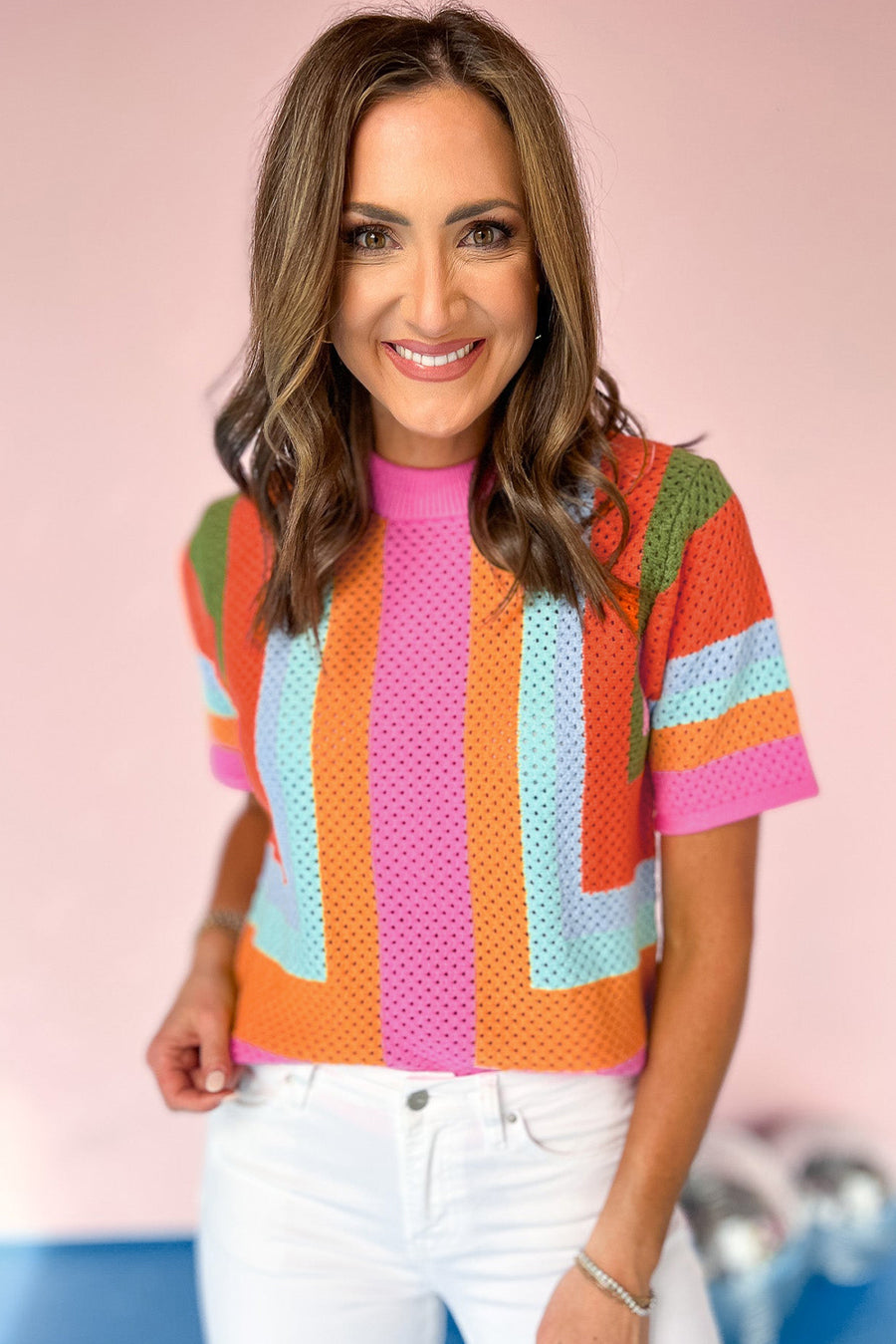 Color Block Openwork Knit T-Shirt
