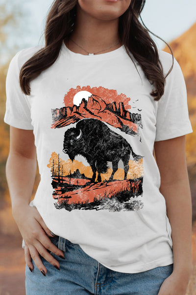 White Western Buffalo On Plains Heat Transfer Printing Graphic Crew Neck Tee