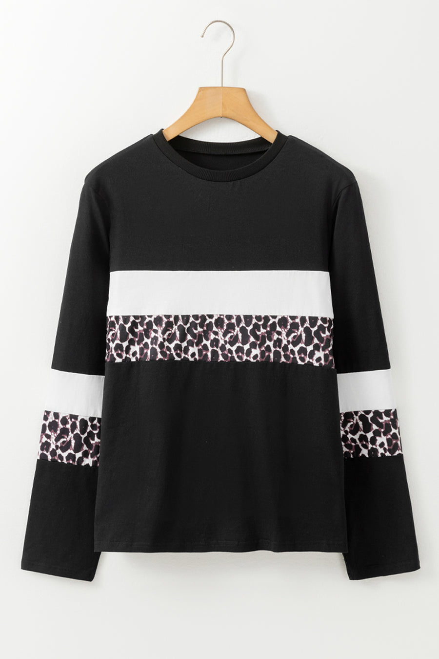 Leopard Print Color Block Patchwork Crew Neck Long Sleeve Top