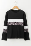 Leopard Print Color Block Patchwork Crew Neck Long Sleeve Top